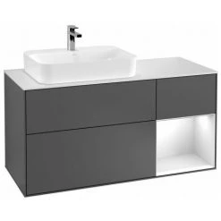 VILLEROY & BOCH Finion, Meubles Sous Lavabo, 1200 X 603 X 501 Mm, Angulaire,avec Meuble étagère (éclairé), Modèle Suspendu, En Bois, Lavabo à Gauche, éclairage LED, 1x LED / 2,3W, 2x LED / 4,2W, 2700 K à 6480 K, Cloud Matt Lacquer