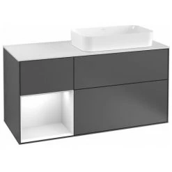 VILLEROY & BOCH Finion, Meubles Sous Lavabo, 1200 X 603 X 501 Mm, Angulaire,avec Meuble étagère (éclairé), Modèle Suspendu, En Bois, Lavabo à Droite, éclairage LED, 1x LED / 2,3W, 2x LED / 4,2W, 2700 K à 6480 K, Peony Matt Lacquer