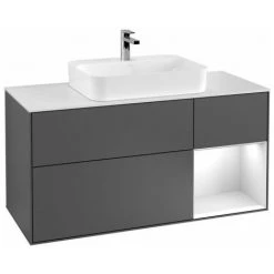 VILLEROY & BOCH Finion, Meubles Sous Lavabo, 1200 X 603 X 501 Mm, Angulaire,avec Meuble étagère (éclairé), Modèle Suspendu, En Bois, Lavabo Au Milieu, éclairage LED, 1x LED / 2,3W, 2x LED / 4,2W, 2700 K à 6480 K, Anthracite Matt Lacquer