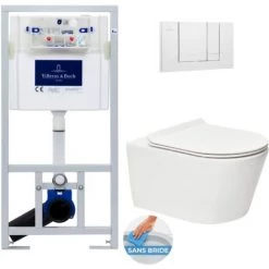 VILLEROY Soldes 17 Villeroy & Boch Pack WC Bâti-support + WC SAT Brevis Sans Bride + Abattant Ultra Fin Softclose + Plaque Blanche (ViConnectBrevis-2)